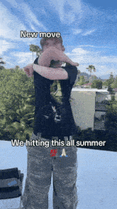 a man is standing on a roof with a caption that says new move