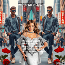 a picture of two men and a woman with the words weekend placut on it