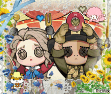 a picture of a man and a woman with flowers and a picmix logo