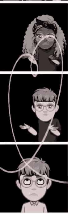 a black and white cartoon of a girl and a boy with glasses .