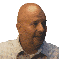 a bald man with a beard is wearing a white shirt