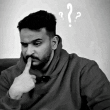 a man with a beard is making a funny face with his finger on his lips .