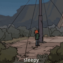 a cartoon drawing of a person leaning against a pole with the word sleepy below them