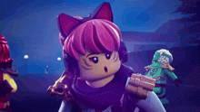 a lego girl with a cat ear headband and headphones looks surprised