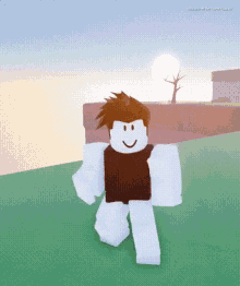 a roblox character is standing in a field with a tree in the background