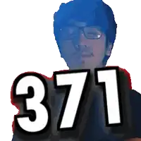a man with glasses holds up the number 371 in front of his face