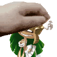 a cartoon character with green hair and a hat is holding a piece of wood over his head .