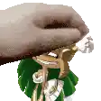 a cartoon character with green hair and a hat is holding a piece of wood over his head .