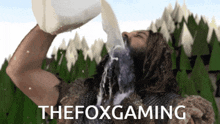 a man is pouring milk into his mouth and the foxgaming is written below him