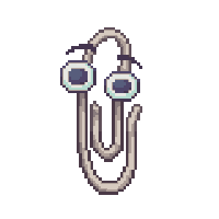 a pixel art drawing of a paper clip with a face and big eyes .