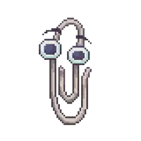 a pixel art drawing of a paper clip with a face and big eyes .