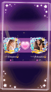 a purple background with two pictures of a girl and the name ayushi