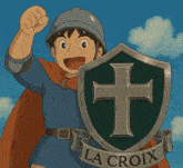 a cartoon character holding a shield with a cross on it that says la croix
