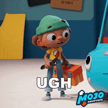 a cartoon character holding a toolbox with the word ugh written on it