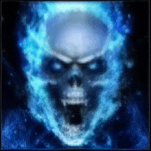 a ghost rider skull is surrounded by blue flames and smoke .