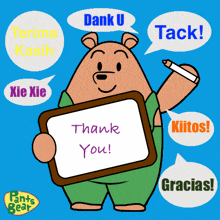 a cartoon bear holding a sign that says " thank you "