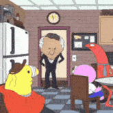 a cartoon of a man standing in front of a refrigerator with the letter j on it