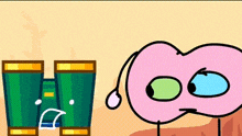 a pink cartoon character is standing next to a green container with a face on it .