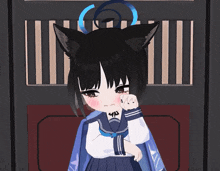 a girl with black hair and cat ears is wearing a blue jacket