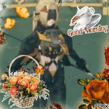 a picture of a man holding a gun next to a basket of flowers and a cup of coffee says good morning .