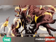 a gif of a monster with the words " i 'm going to send you flying back into the woods "