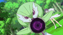 a pokemon is holding a purple object in its mouth and a girl is standing next to it .