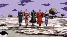 a group of cartoon characters walking in a desert