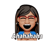 a woman wearing glasses and a blue shirt is laughing with the words ahahahaha written below her