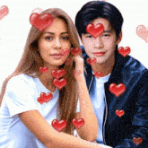 a man and a woman with red hearts around them