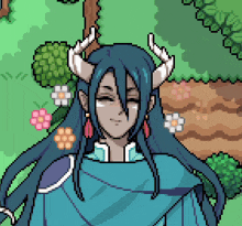 a pixel art drawing of a woman with horns and flowers in her hair