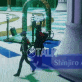 a man is walking in front of a sign that says talk shinjiro