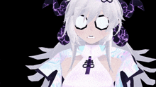 a cartoon character with white hair and purple horns has a cross on her chest
