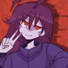 a purple haired anime girl with red eyes is giving a peace sign .
