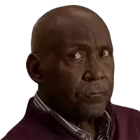 a bald man with a mustache is wearing a maroon jacket and striped shirt