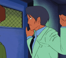 a cartoon of a man in a suit and tie talking to another man
