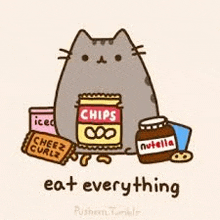 a cartoon cat is sitting next to a bag of chips , a jar of nutella , and iced tea .