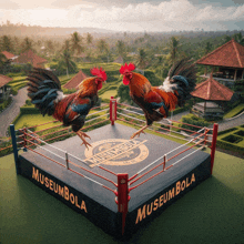 two roosters in a boxing ring that says museumbola