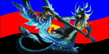 a painting of a mermaid holding a spear in front of a red white and blue flag