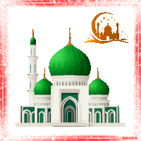 an illustration of a mosque with green domes and a crescent moon