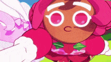 a close up of a cartoon character wearing a pink outfit and wings .