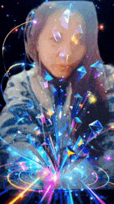 a painting of a woman surrounded by colorful lights and sparkles
