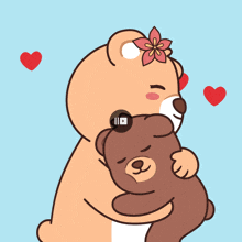 a teddy bear with a flower on its head is hugging another teddy bear on a blue background