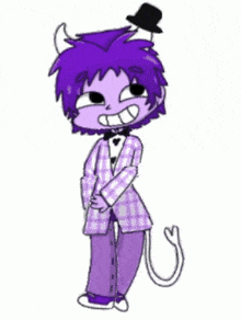 a cartoon character with purple hair is wearing a purple plaid suit and top hat