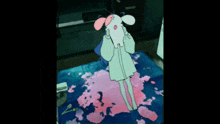 a cartoon character with blue hair is standing on a carpet