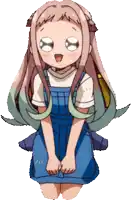 a cartoon girl in overalls and a white shirt is making a funny face