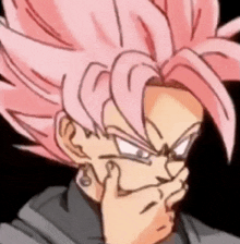 a person with pink hair is covering their face with their hand