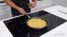 a man is cooking an omelet in a frying pan on a stove with the words made in animatica visible in the corner