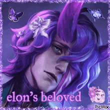 a picture of a man with purple hair and the words elon 's beloved on the bottom