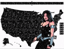 a woman standing in front of a map of the united states
