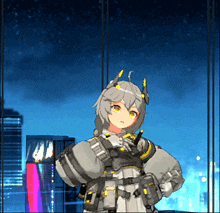 a girl with horns is standing in front of a city